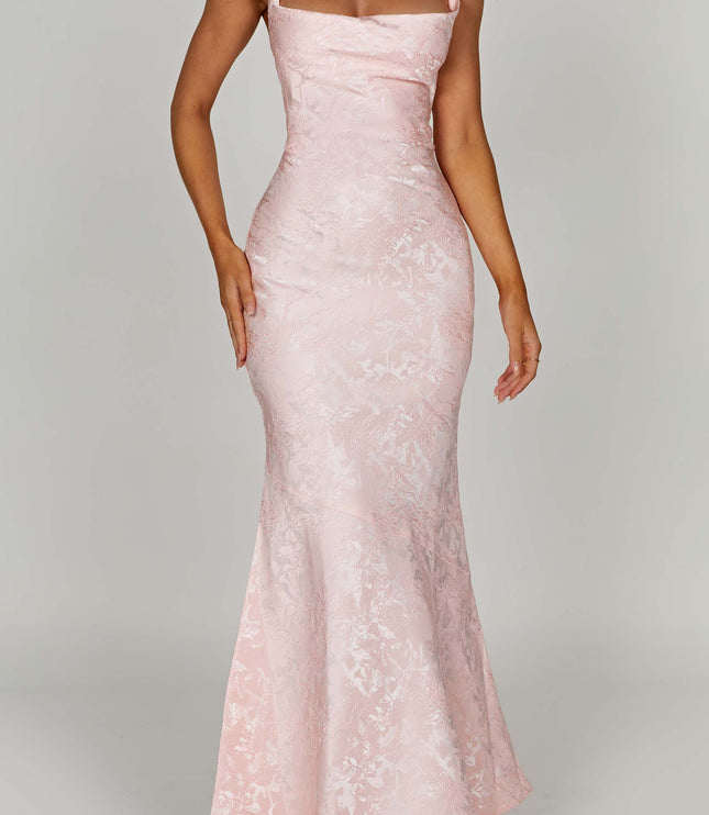 Frontal view of the women's pink floral tie-strap maxi dress, highlighting the intricate pattern and floor-length design.