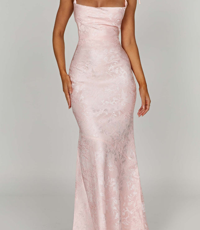 Front view of the women's pink floral tie-strap maxi dress, showcasing the full length and subtle textured pattern.