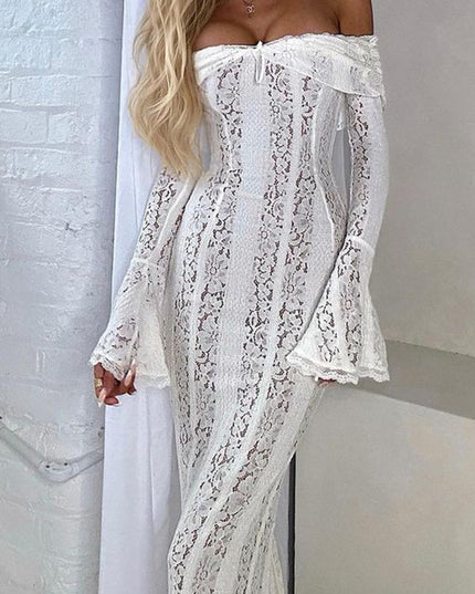 Side profile of the white floral lace off-shoulder long sleeve maxi dress, showcasing the intricate lace pattern and bell sleeves.