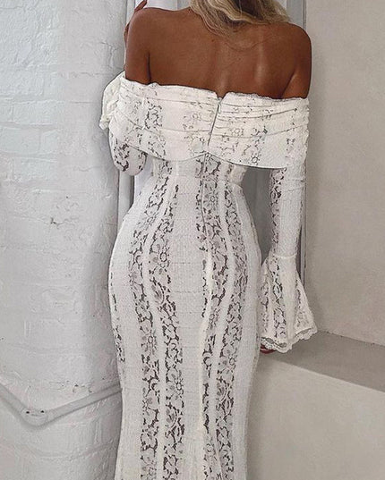 Back view of the white floral lace off-shoulder long sleeve maxi dress, highlighting the fitted silhouette and ruffled neckline.