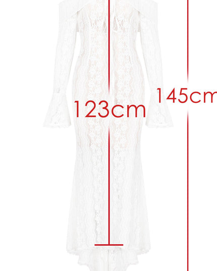 Measurement guide for the white floral lace off-shoulder long sleeve maxi dress, showing length of 145cm and sleeve length of 123cm.