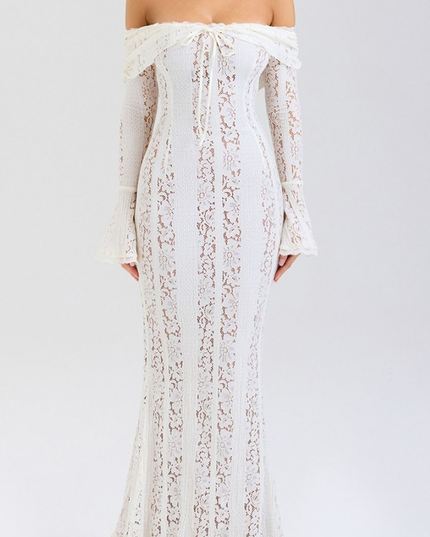 Front view of a white floral lace off-shoulder long sleeve maxi dress with a tie-front detail.