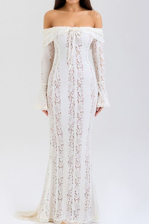 Front view of a white floral lace off-shoulder long sleeve maxi dress with a tie-front detail.