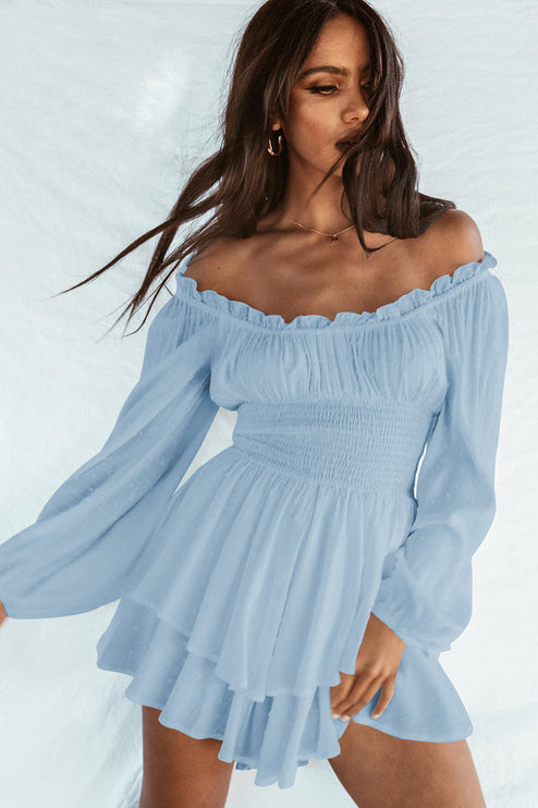 Light blue off-shoulder mini dress with long sleeves, shirred bodice, and ruffled hem