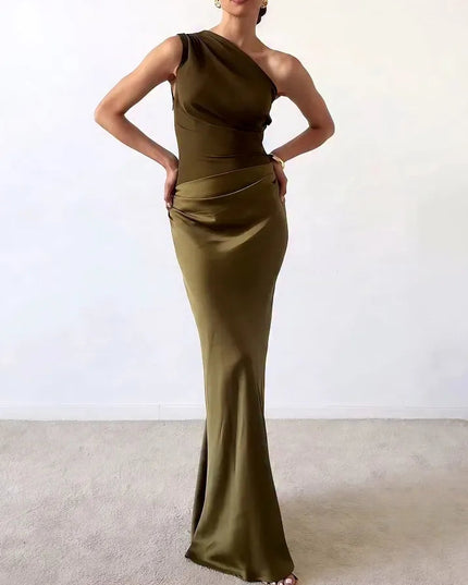 Full-length view of an olive green one-shoulder formal maxi dress with a draped satin skirt, for special occasions.