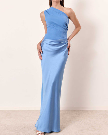 Light blue one-shoulder asymmetrical formal maxi dress with a flowing satin skirt, ideal for wedding suits for women.