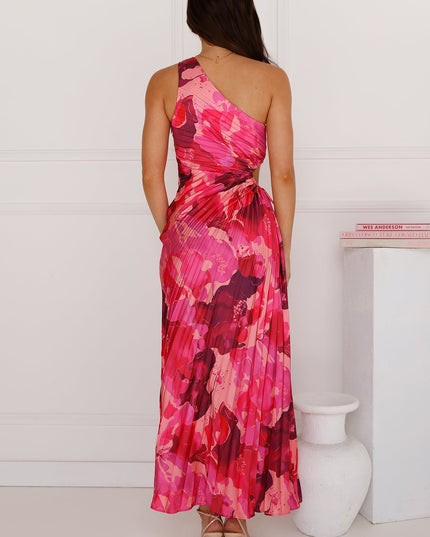Back view of a women's one-shoulder cutout pleated maxi dress in a vibrant pink floral print, showcasing the elegant pleats and flowing skirt, for prom.