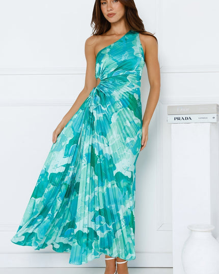 Front view of a women's prom maxi dress, showcasing the one shoulder design, side cutout, and fluid pleated blue-green fabric.