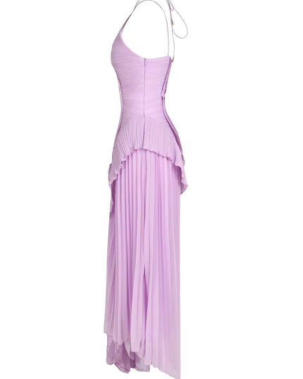 Side view of a lavender one-shoulder ruffle midi dress, showcasing the pleated skirt and structured bodice.