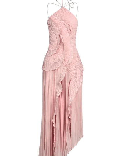 Front view of a light pink one-shoulder ruffle midi dress, featuring a pleated skirt and intricate bodice ruffles.