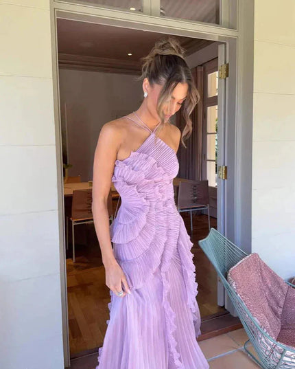 Front view of the lavender one-shoulder ruffle midi dress, highlighting the unique pleated texture and asymmetric hem.