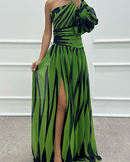 Green and black striped one-shoulder maxi dress for women, featuring a high leg slit and ruched waist