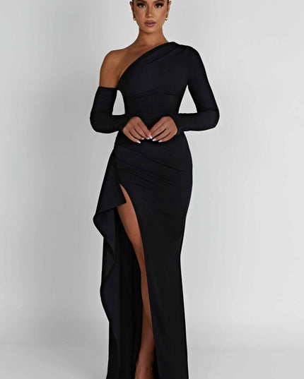 Front view of a women's black asymmetric long sleeve dress, featuring a high slit and gathered fabric detail.