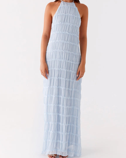 Front view of women's light blue ruched maxi dress with a high halter neckline, suitable for prom.