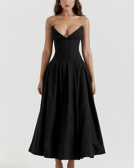 Black strapless boned bodice midi dress with pleated skirt and sweetheart neckline, front view.