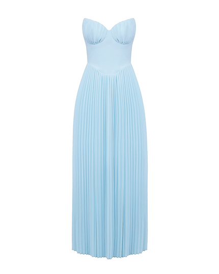 Front view of the light blue strapless pleated maxi dress on a white background, showcasing the full garment.
