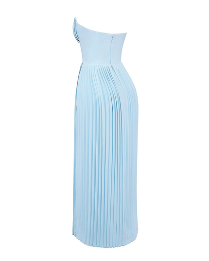 Side profile of the light blue strapless pleated maxi dress on a white background, highlighting the garment's cut.