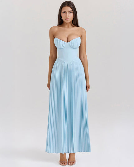 Light blue strapless pleated maxi dress for women, featuring a structured bustier top and a flowing full-length skirt.