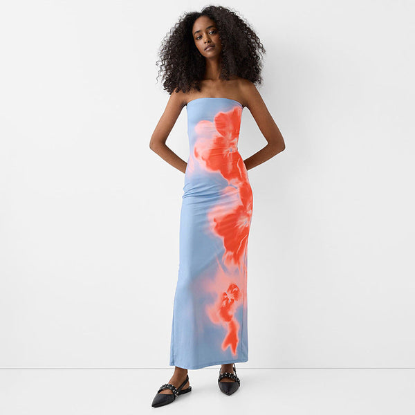 Women Strapless Printed Side Slit Maxi Dress - product image 1
