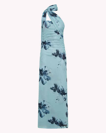 Side view of the light blue floral strapless ruched maxi dress, showcasing the full length and dark blue flower pattern.
