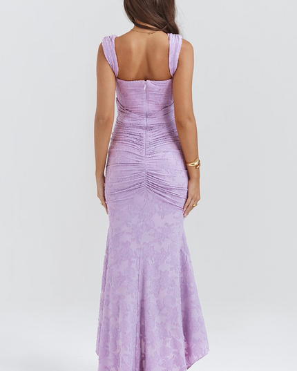 Back view of the light purple floral ruched off-shoulder maxi dress, showing the full length and delicate floral texture.