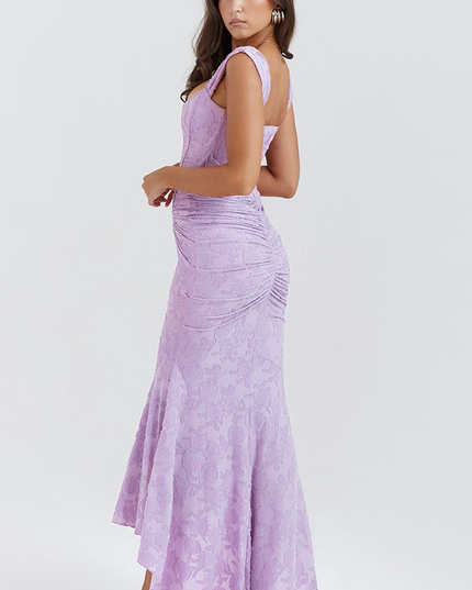 Rear side view of the light purple floral ruched off-shoulder maxi dress, highlighting the back ruching and textured floral pattern.