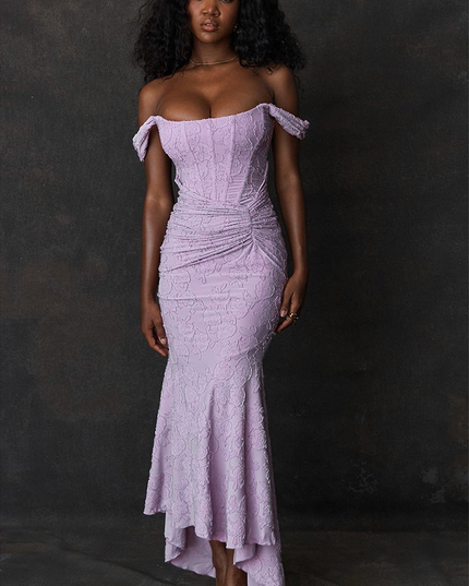 Full-length view of a women's floral ruched off-shoulder maxi dress in a light lavender color with a sweetheart neckline and mermaid hem.