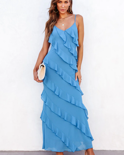 Front view of a light blue V-neck ruffle side slit maxi dress, with a subtle sheen.