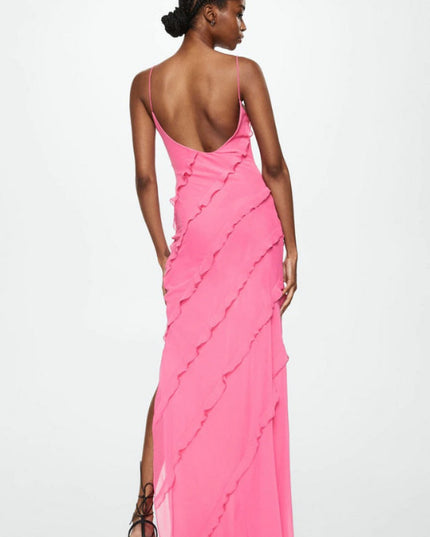 Back view of the pink V-neck ruffle side slit maxi dress, showing the low back and cascading ruffles.