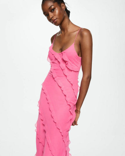 Close-up of the women's pink maxi dress, highlighting the V-neckline and tiered ruffle details.