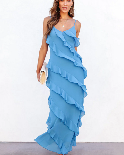 Flowing light blue V-neck ruffle maxi dress with a high side slit, showing movement.