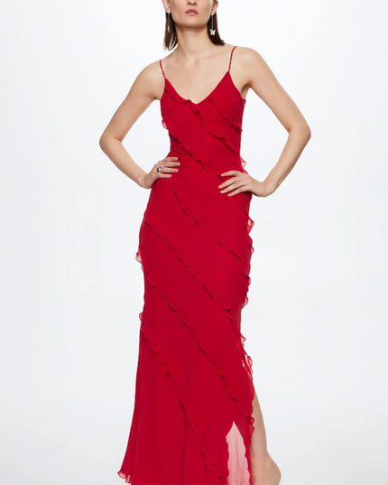 Full body shot of a red V-neck ruffle side slit maxi dress for women, with a sheer overlay.