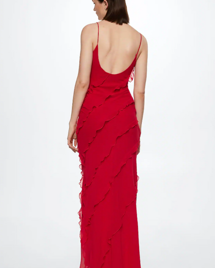 Rear view of the red V-neck ruffle side slit maxi dress, highlighting the low back design.
