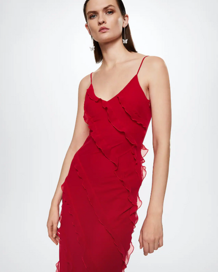 Upper body shot of the red V-neck ruffle maxi dress, showing the spaghetti straps and ruffle details.