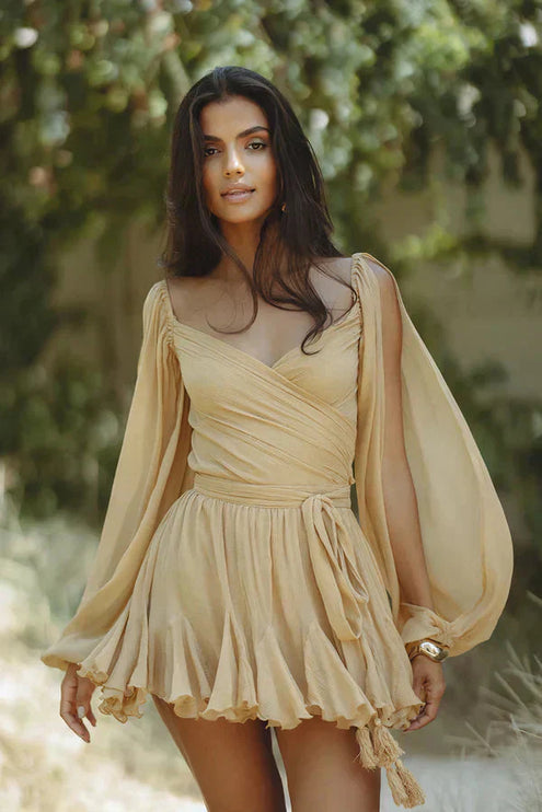 Women V Neck Long Sleeve Ruffle Tie Waist Mini Dress - product image 7