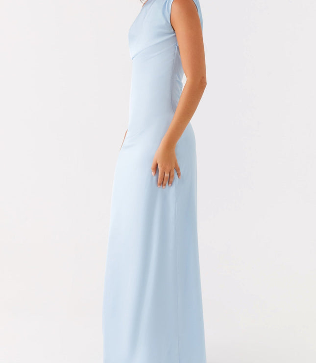 Side profile of a light blue satin maxi dress, highlighting the flowing skirt and the subtle sheen of the fabric, a beautiful option for wedding suits for women.