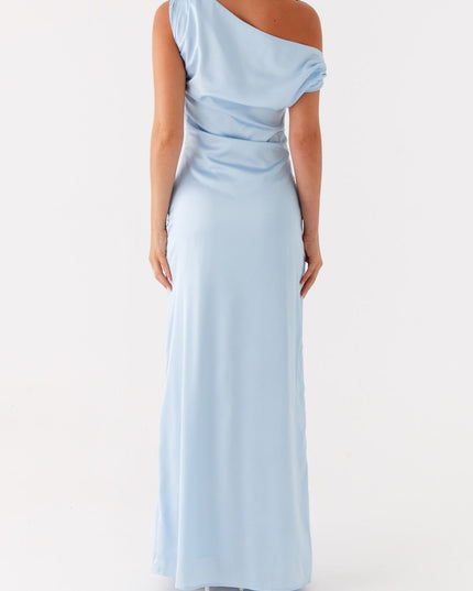 Back view of a light blue satin maxi dress, the elegant drape of the one-shoulder design and the smooth fit of the gown, ideal for formal occasions.