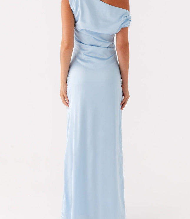 Back view of a light blue satin maxi dress, the elegant drape of the one-shoulder design and the smooth fit of the gown, ideal for formal occasions.