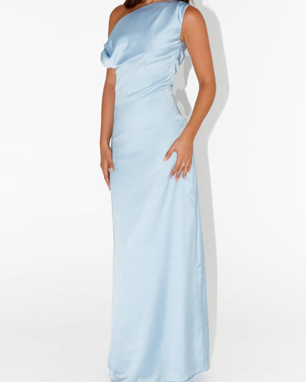 Three-quarter view of a light blue one-shoulder draped satin maxi dress, emphasizing the luxurious fabric and graceful lines, for a bridesmaid.