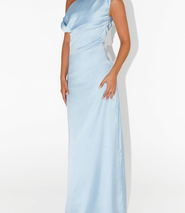 Three-quarter view of a light blue one-shoulder draped satin maxi dress, emphasizing the luxurious fabric and graceful lines, for a bridesmaid.