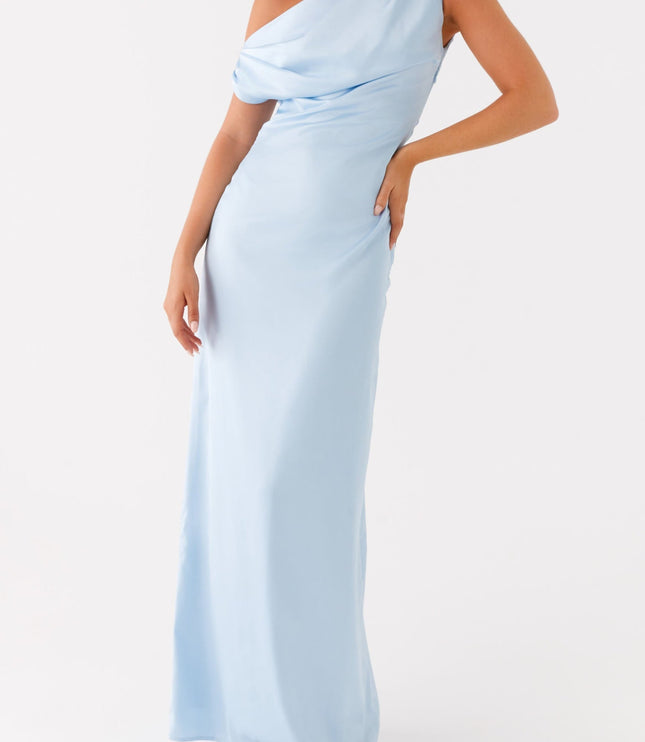 Light blue satin maxi dress with a one-shoulder draped top, showcasing the form-fitting bodice and flowing skirt, a chic dress suit for women.