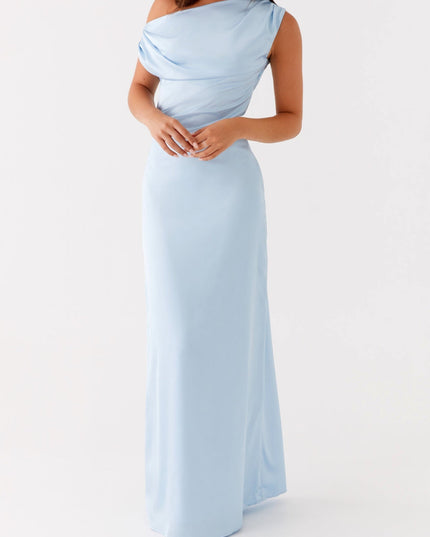 Light blue satin maxi dress for women, featuring a one-shoulder design with elegant draping across the bodice, for a wedding or formal event.