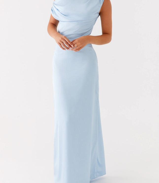 Light blue satin maxi dress for women, featuring a one-shoulder design with elegant draping across the bodice, for a wedding or formal event.