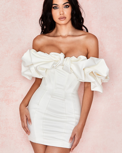 Front view of a white off-shoulder ruffle satin mini dress, showcasing the sweetheart neckline and corset-style bodice.