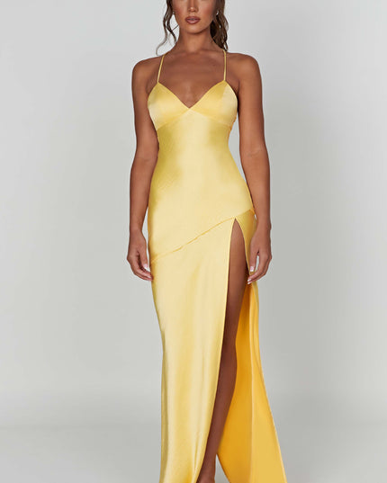 Straight-on front view of the yellow summer V-neck satin maxi dress, showcasing its silhouette.