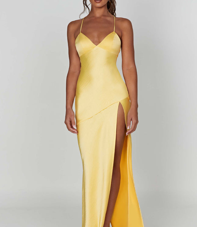 Straight-on front view of the yellow summer V-neck satin maxi dress, showcasing its silhouette.