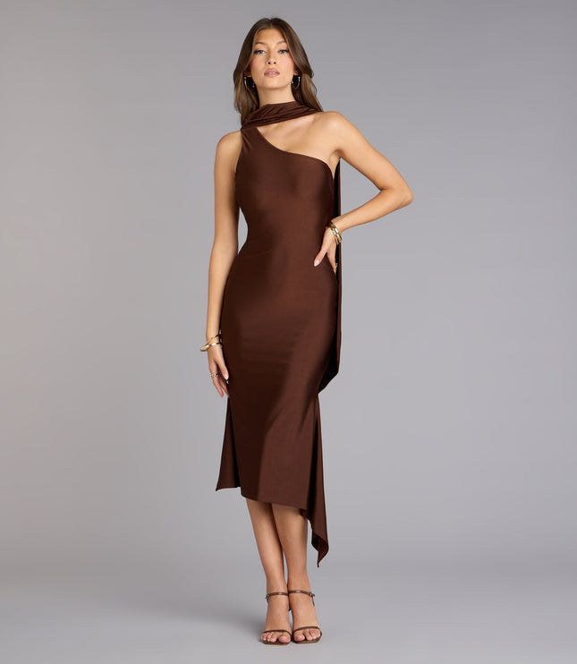 Full view of the women's dark brown one-shoulder satin midi dress with a neck scarf, paired with brown heels.