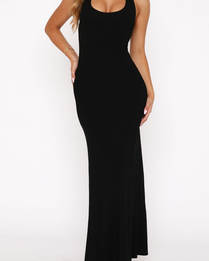 Front view of a black halter scoop neck maxi dress, showcasing the fitted silhouette and floor-length design.