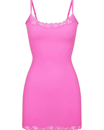 Flat lay of the bright pink lace trim scoop neck mini slip dress, displaying the full design and lace details.