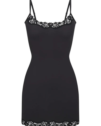 Black women's lace trim scoop neck mini slip dress, highlighting the elegant contrast of the lace details.